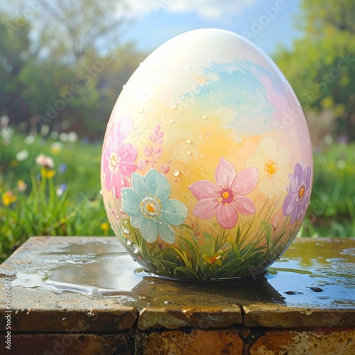 Vibrant Easter Egg with Floral Design on Wet Surface Outdoors.