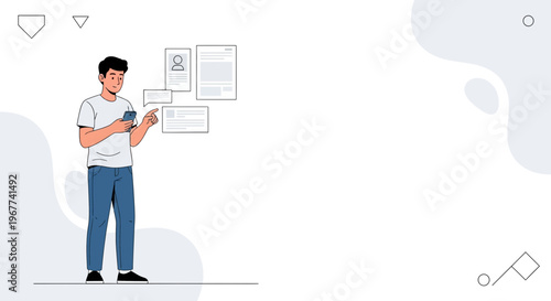 Man using smartphone with digital documents and profile icons floating around him