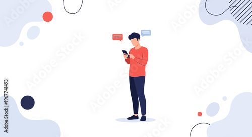 Man Texting on Smartphone with Chat Bubbles, Modern Flat Illustration