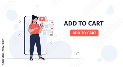 Woman Using Smartphone for Online Shopping, Add to Cart Button, E-commerce Concept
