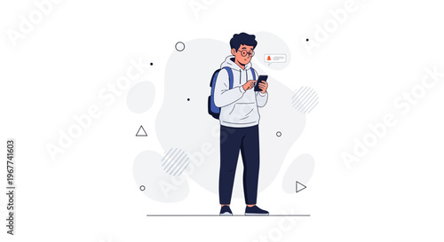 Young man with backpack checking phone, notification alert on screen, modern flat illustration