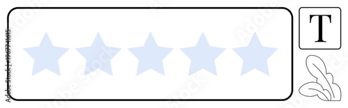 Rating systems, feedback reviews, online evaluation, customer satisfaction, digital ranking, score metrics. Five stars with a text box and leaf graphics. Rating systems and feedback reviews