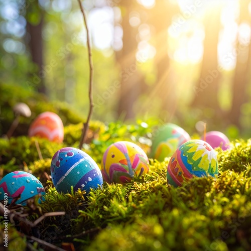 Vibrant Easter Eggs Hidden in Lush Green Moss with Golden Sunlight.