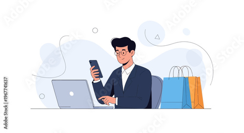 Man with Laptop and Smartphone, Online Shopping Bags, E-commerce Concept