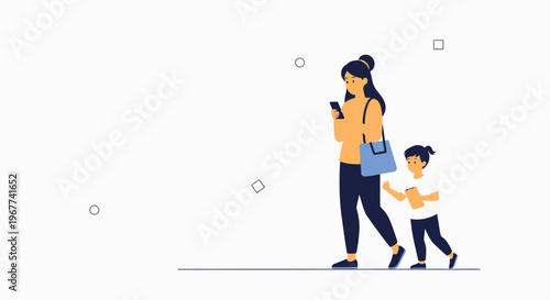 Mother and child walking, mother looking at phone, child holding tablet