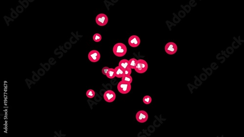 Exploding like button burst with floating heart reactions and social media engagement animation on black