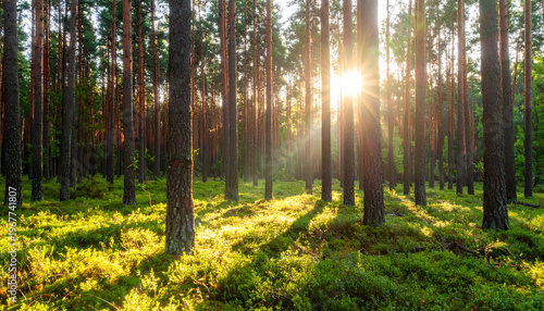 Tranquil Nature with Warm Light and Tall Pines