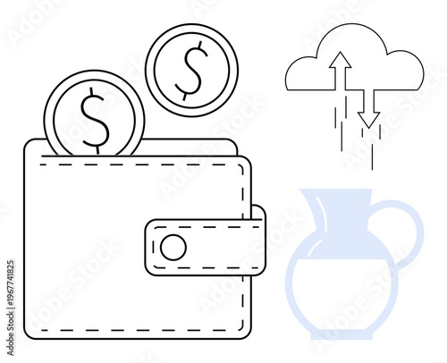 Digital wallet concept. Digital wallet elements including coins and cloud storage savings and transactions. Digital wallet modern finance. For fintech, online services, financial apps, savings, money