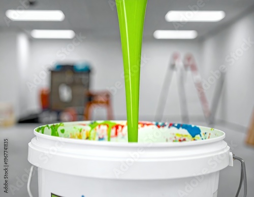 Vibrant Green Paint Pouring into a White Bucket in a Workshop Setting.
