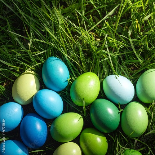 Vibrant Easter Eggs Nestled in Lush Green Grass on a Sunny Day.