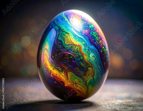 Vibrant Iridescent Easter Egg with Swirling Colors on a Dark Background.