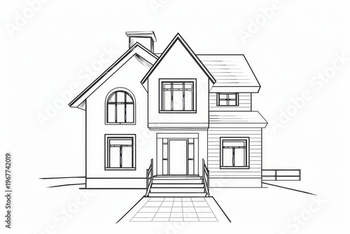 Architectural house line drawing minimal simple outline vector home design black white clean background