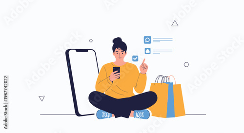 Woman using smartphone for online shopping with shopping bag and notifications