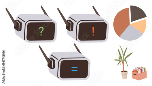 AI, data visualization, decision-making, robotics, information processing, technology trends. Three robots show symbols on screens, a pie chart and a potted plant with files. AI and data