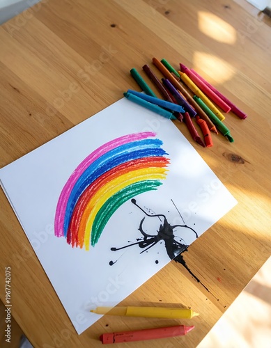 Vibrant Rainbow Drawing with Crayons and Ink Splatter on Wooden Table.