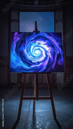 Vibrant Swirling Galaxy Painting on Easel in Dark Room.