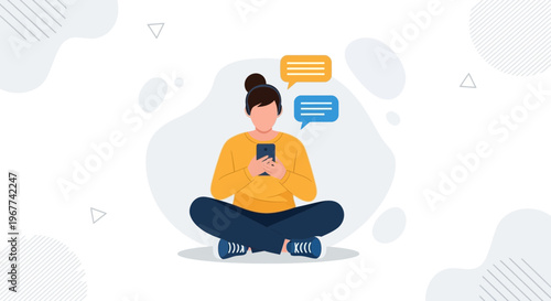 Young Woman Sitting Cross-legged Texting on Smartphone with Chat Bubbles