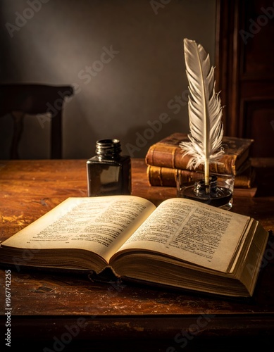 Vintage Desk Scene with Open Book, Quill, and Inkwell, Evoking Historical Writing and Literature.