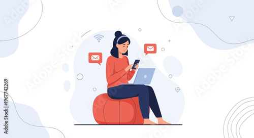 Woman using smartphone and laptop, receiving notifications, working remotely