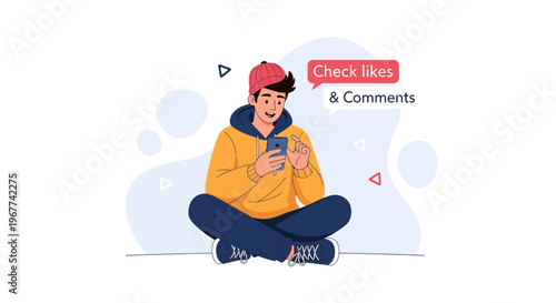 Young Man Using Smartphone, Checking Social Media Likes and Comments