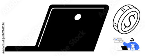 Online banking, e-commerce, freelance work, transactional services, digital economy, financial technology. Silhouette of a laptop, currency coin and person using a laptop for transactions. Online