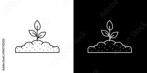 Simple line art icons of a small plant growing out of the soil, presented on both white and black backgrounds