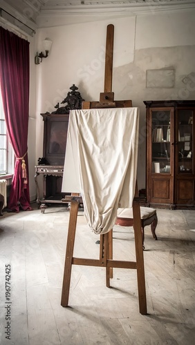 Vintage Wooden Easel with Draped Cloth in an Old Art Studio.