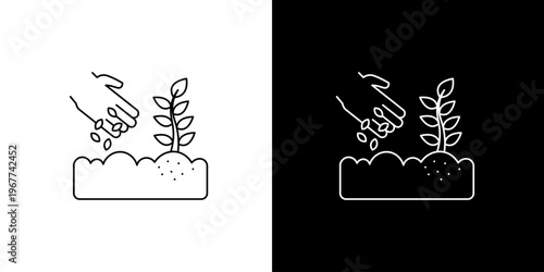 Gardening illustration of hands sowing seeds into soil with young plants growing, black and white vector icon