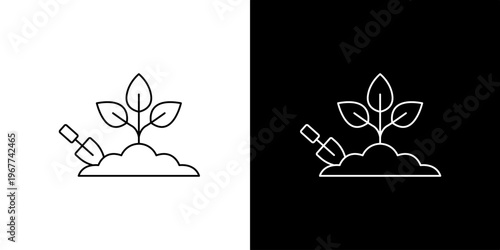 Gardening icon of a seedling sprouting from soil with a small shovel, perfect for agriculture and nature themes
