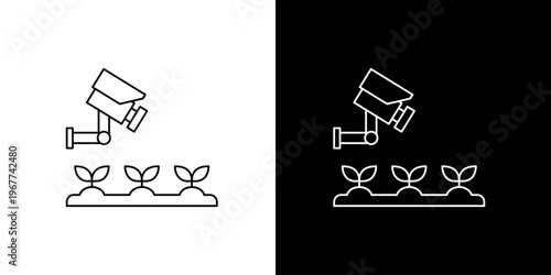 Single icon of smart agricultural monitoring system featuring a security camera overseeing the healthy growth of plants, symbolizing modern farm technology and efficient crop surveillance