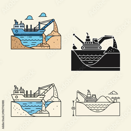 Four different illustrations of ships dredging sand or soil from underwater with cranes and excavators in various colors and styles
