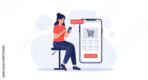 Woman Shopping Online Using Smartphone, Add to Cart Button on Screen