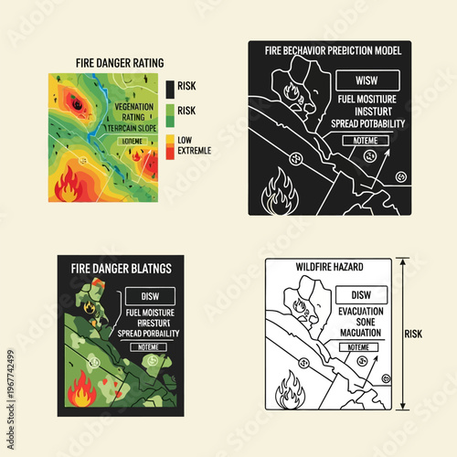 Four fire danger rating and wildfire hazard maps with various risk levels and factors  fire behavior prediction models and blatngs
