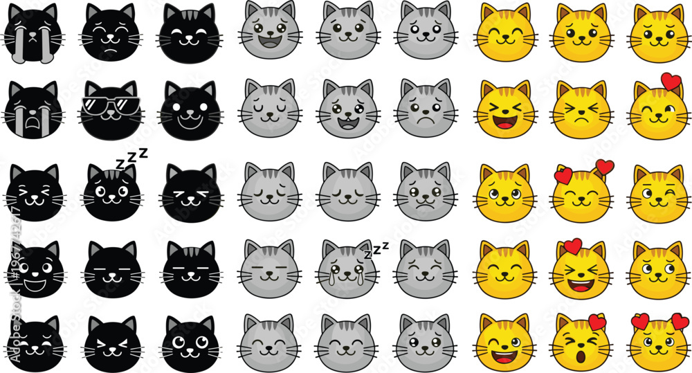 Fototapeta premium Cat emoji faces collection vector set with black gray and yellow kitten expressions isolated on white background for stickers and chat design