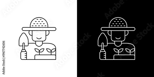 Minimalist line art icon of a dedicated gardener tending to young plants with a trowel, symbolizing growth, agriculture, and sustainable living hobbies for modern applications