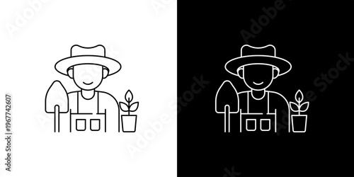 Outline icon illustration of a farmer holding a shovel and a potted plant on white and black backgrounds