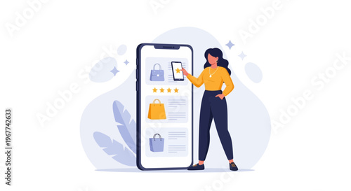 Woman Shopping Online Using Smartphone App, Product Catalog Display