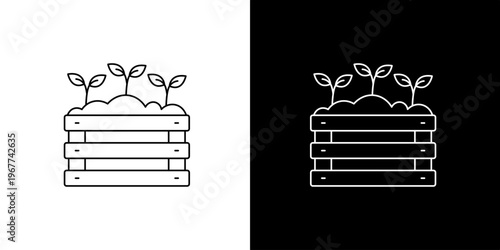 Vector Line Art Icon Depicting Fresh Green Seedlings Sprouting from Soil in a Wooden Crate, Representing Growth, Agriculture, and New Beginnings