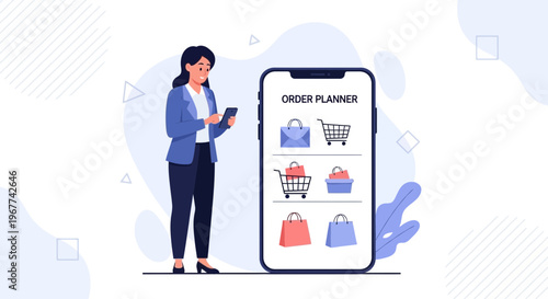 Woman using smartphone for online shopping and order planning app