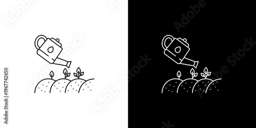 Minimalist outline icon depicting a watering can nourishing small plants, symbolizing growth, care, agriculture, and the concept of nurturing new beginnings or sustainable development in gardening