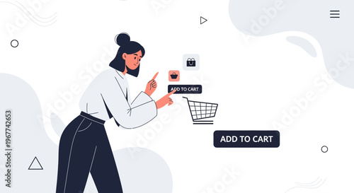 Woman Adding Items to Online Shopping Cart, E-commerce Concept