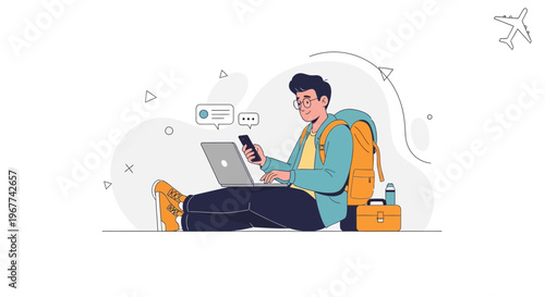 Young man working on laptop and phone with backpack, travel concept illustration