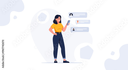 Woman Texting on Phone with Chat Bubbles, Communication Concept