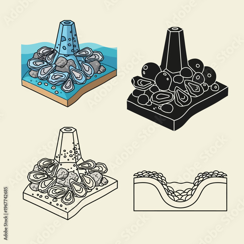 Four illustrations of oyster farming methods and equipment used for cultivating oysters in water with different colors and styles