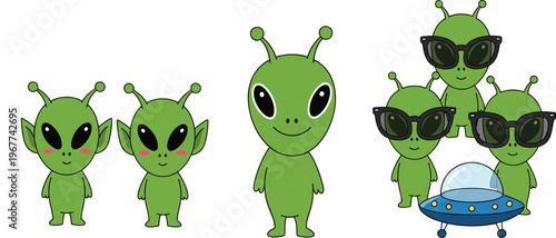 Cute Green Aliens with Sunglasses and UFO Spaceship Illustration for Fun, Sci-Fi, and Outer Space Themes