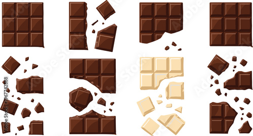 Quadro su tela Chocolate bars collection vector illustration set with broken pieces and chunks