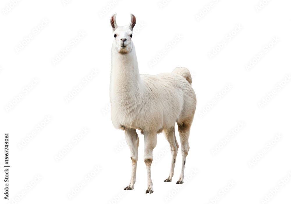 Fototapeta premium White llama standing and looking forward, isolated on transparent background