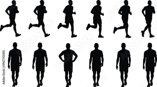 Silhouette, man, running, walking, collection, set, athlete, fitness, exercise, jogging, marathon, training, movement, cardio, lifestyle, active, health, isolated, white, background.