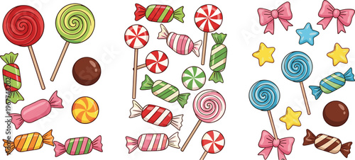 Colorful candy and lollipop collection vector illustration set with sweet treats sweets and confectionery elements isolated on white background for kids design