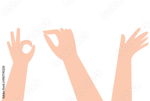 Human hands showing ok gesture and pinching sign with open palm side view on a plain background for communication concepts.